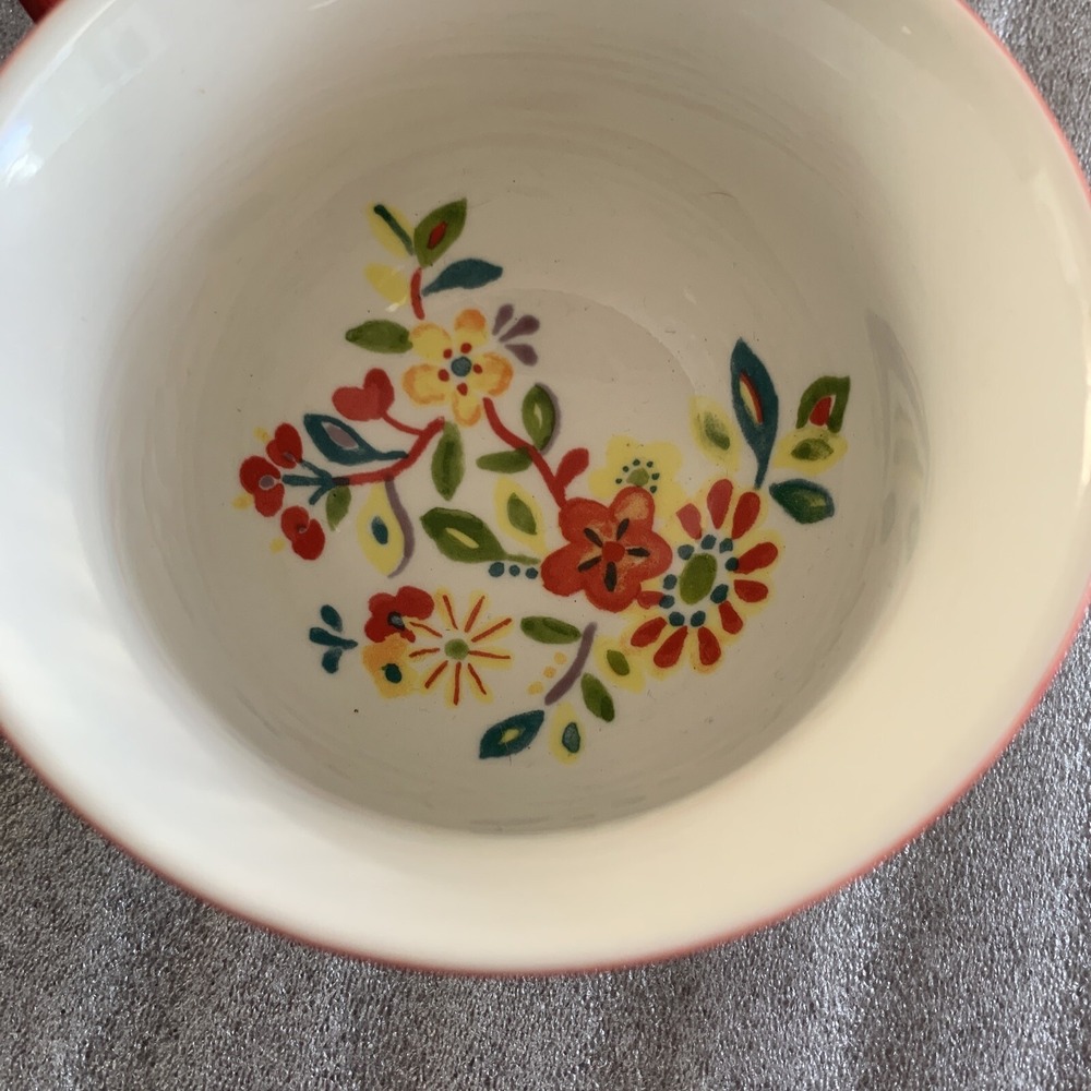 New Anthropologie Cadiz Coffee Mug Tea Cup Floral Design 3D Flower Red Handle